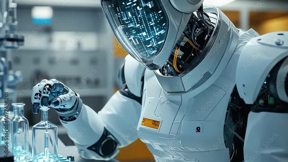 Poster futuristic robot is carefully handling vials in a high-tech laboratory, showcasing the advancements 