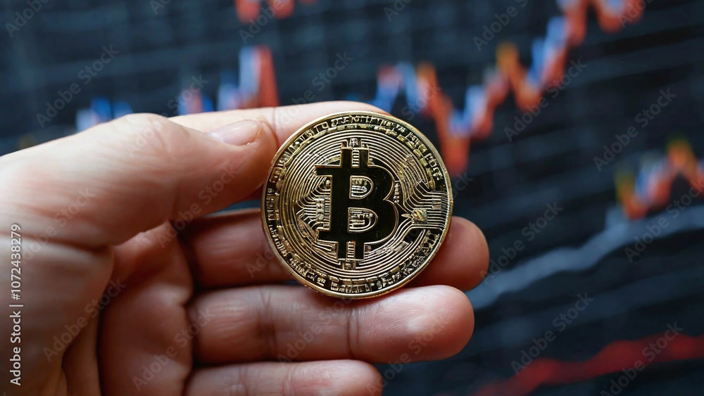 Poster a hand holding a coin with a bitcoin symbol. in the background, you can see a blurred graph with col