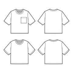 Unisex Cropped T-Shirt Technical Drawing, with and without Chest Pocket, Front and Back View

