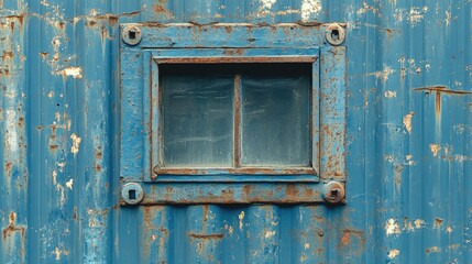 Naklejka premium Rusty window on weathered blue wall. Ideal for projects on industry, construction, and aging.