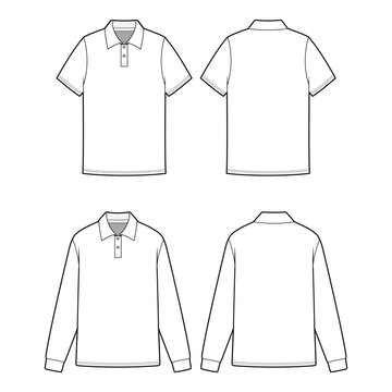 Men's Polo Shirt Technical Drawing, Short and Long Sleeve, Front and Back View

