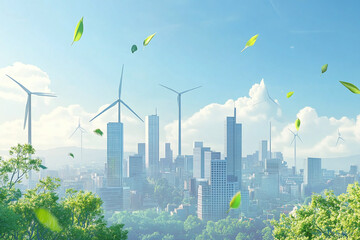 Eco-Friendly Urban Cityscape with Solar Panels, Wind Turbines, and Green Landscape Showcasing Renewable Energy and Sustainable Development
