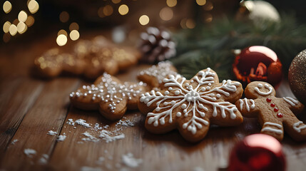 Close-up of Christmas cookies shaped like stars and gingerbread men on a wooden table with holiday decorations, copy space