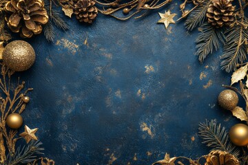 Golden Christmas Decorations on a Dark Blue Background