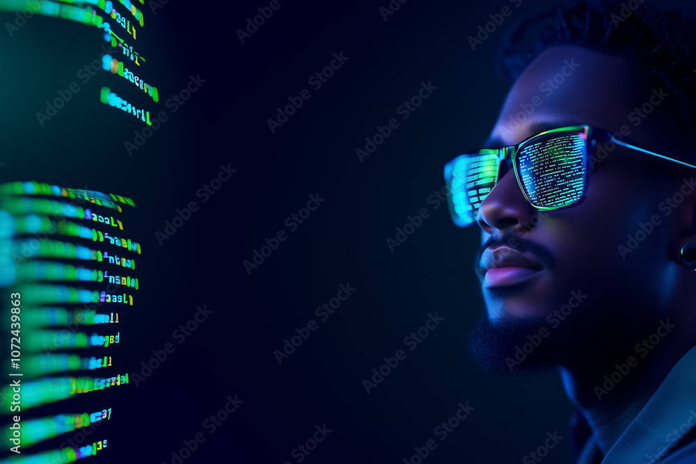Poster a focused individual observes flowing binary data on a screen while wearing stylish reflective sungl