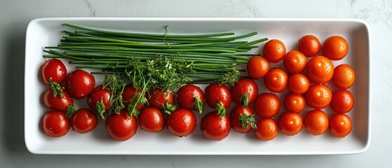 Fresh cherry tomatoes, chives and parsley on a white rectangular plate.