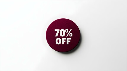 White '70% OFF' Text on a Dark Red Round Paper Note. White Background with Copy Space