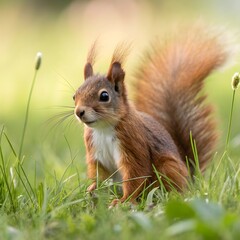 A cute european red squirrel sits in the green grass. Sciurus vulgaris, squirrel on the grass