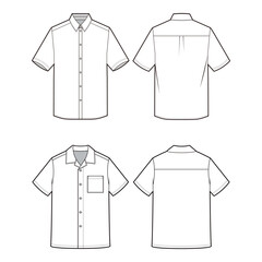 Short-sleeve dress shirt with collar, button-down design, shown in front and back views, vector illustration for clothing design.
