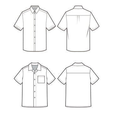 Short-sleeve dress shirt with collar, button-down design, shown in front and back views, vector illustration for clothing design.

