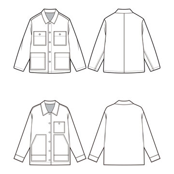 Front and back views of a pocketed utility jacket in vector outline, showing a practical and functional design ideal for workwear.
