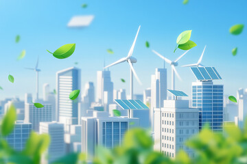 Eco-Friendly Urban Cityscape with Solar Panels, Wind Turbines, and Green Landscape Showcasing Renewable Energy and Sustainable Development