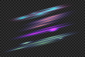 Set of light effects, rays of light, colored lines, glow, Glowing isolated effects on a transparent background. Flashes of light, colorful stars, starry sky.