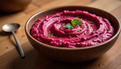 Delicious beetroot hummus served in a wooden bowl with a spoon on a rustic table