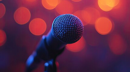 Obraz premium A microphone on a stand with red lights blurred out in the background. Perfect for representing music, performances, and speaking.