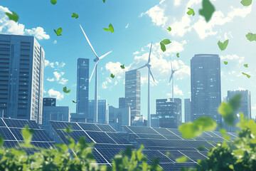 Eco-Friendly Urban Cityscape with Solar Panels, Wind Turbines, and Green Landscape Showcasing Renewable Energy and Sustainable Development