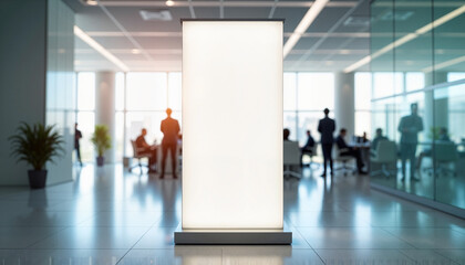 Blank advertising display in office space with people working in the background. Vertical banner mockup.