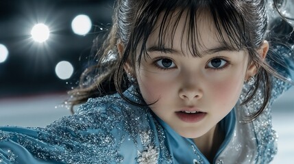 Figure skater girl, focused mood, performing on ice, bright spotlight background