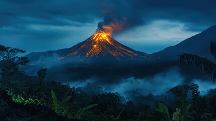 Eruption of a Volcano in a Tropical Landscape