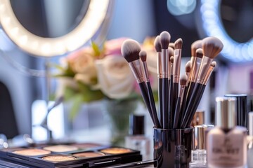 Closeup of makeup brushes and decorative cosmetics lying on the table in the stylist office