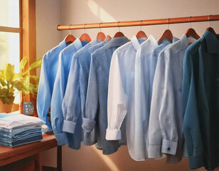 freshly ironed shirts hanging up in a laundry room AI
