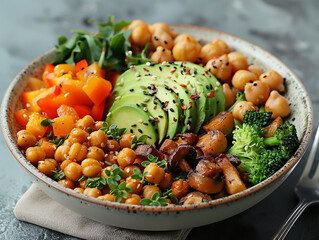 Vegetarian lunch. Plate with avocado, lentils, sweet potato, broccoli, spinach, mushrooms, sesame seeds, and lettuce leaves. Healthy eating. Healthy lifestyle.
