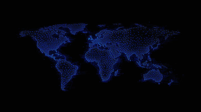Fototapeta world map blue dots squares pixel art style neon on black background tech technology global globe international connections communication 3d rendered illustration 