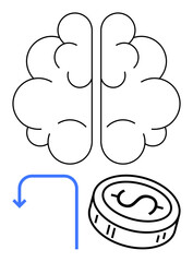 Brain profile next to a dollar coin with a blue downward arrow. Ideal for finance, investment, education, mental health, business, decision making, cognitive research. Line metaphor
