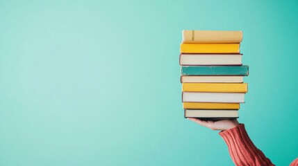 Person donating books bright background clean layout  copy space