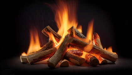 Campfire. Closeup of a pile of firewood burning with orange and yellow flames, isolated on a dark black