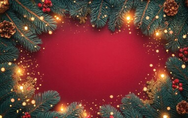 Christmas background with xmas tree and sparkle bokeh lights on red canvas background. Merry christmas card. Winter holiday theme. Happy New Year. Space for text