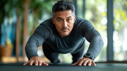 Person doing mountain climbers middle-aged Hispanic man with short black hair bright gym clean background  copy space