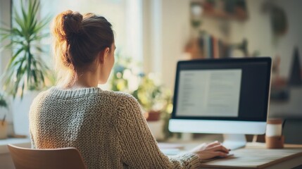 Person attending virtual seminar bright room clean background  copy space