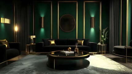 Minimalist Art Deco Living Room with Bold Emerald Green Walls, Sleek Black Sofa, and Gold-Accented Furniture for a Glamorous Geometric Design