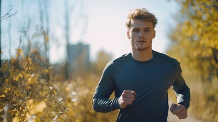Fototapeta premium Person jogging on trail young white man with short blonde hair bright day clean background copy space