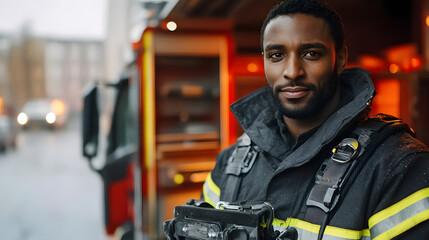 Fototapeta premium Stunning portrait of an African firefighter in protective uniform, showcasing the vibrant colors of safety equipment against the backdrop of a fire engine