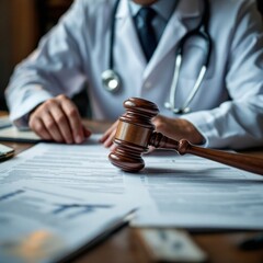 Closeup of judge gavel of stethoscope doctor in background writing notes