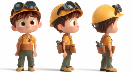 A cute cartoon boy wearing a hard hat and goggles, standing in three different poses.