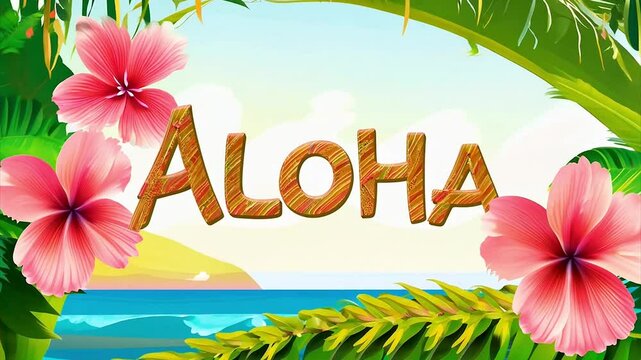 Colorful tropical flowers and leaves create a vibrant backdrop featuring the word aloha in festive atmosphere.