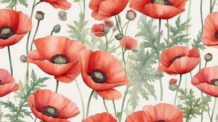 Watercolor botanical illustration of poppies arranged in a seamless, repeating pattern. Red summer flower background. 