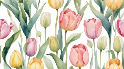 Watercolor botanical illustration of tulips arranged in a seamless, repeating pattern. Early spring blooms. Cultivating tulips. Spring garden. Spring background.