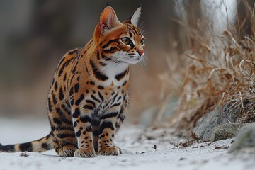 Obraz premium Bengal cat in winter: majestic spots and stripes amid snowy wilderness