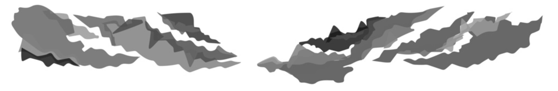 This vector image presents an abstract design composed of layered, irregular, grayscale shapes that resemble dark clouds, smoke, or organic formations.