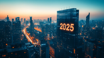 Modern cityscape at twilight with 2025 displayed on a prominent building in glowing lights
