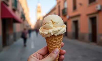 Vanilla Ice Cream Cone on City Street