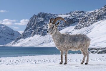 Obraz premium Majestic mountain goat in snowy landscape by serene lake