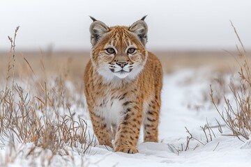 Obraz premium Majestic eurasian lynx walking through snow-covered landscape in winter