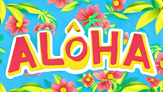 Colorful tropical flowers and leaves create a vibrant backdrop featuring the word aloha in festive atmosphere.