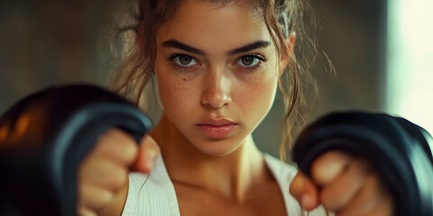 A close-up of a fierce female boxer standing tall in her fighting stance, with bandaged hands clenched into fists, portraying the discipline and power behind her martial arts training - Powered by Adobe