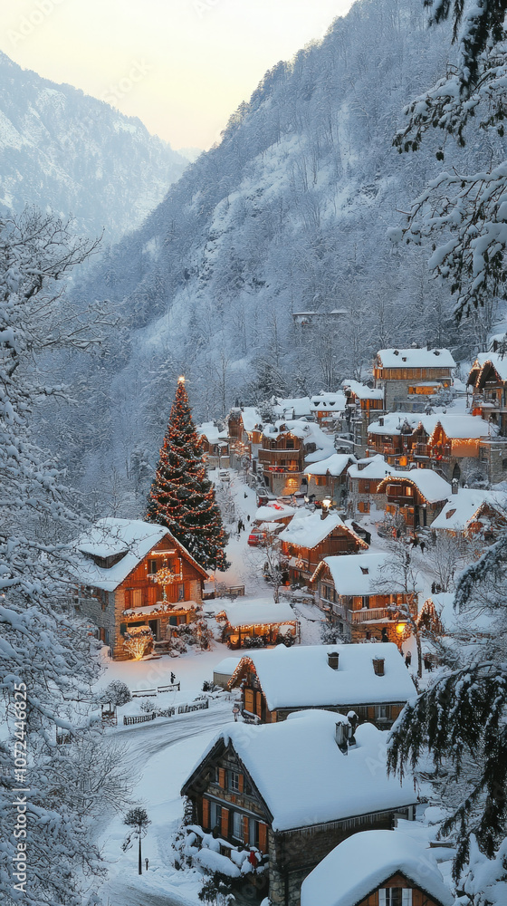 Wall mural picturesque view of a French village covered in snow, featuring a decorated Christmas tree in the town square and quaint stone houses illuminated with holiday lights